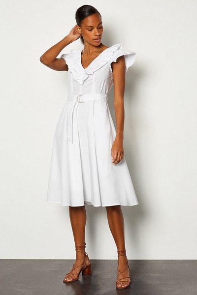 Cotton Poplin Ruffle Tie Belt Midi Dress