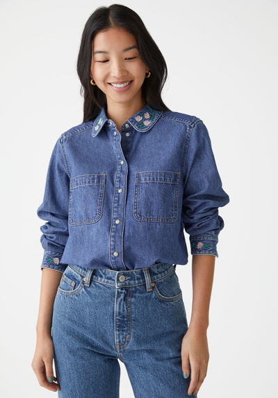 Floral Embroidery Denim Shirt