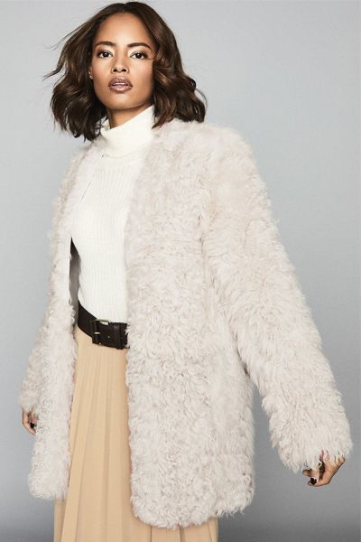 Curly Shearling Coat In Cream