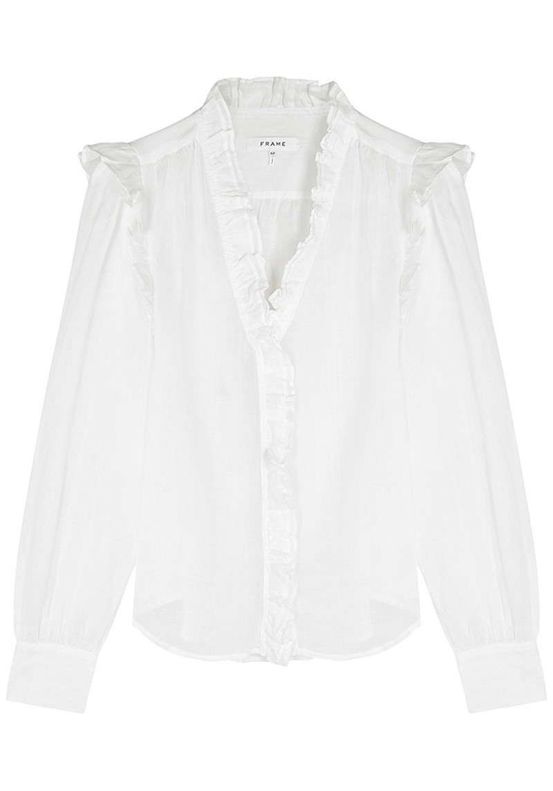 Lauren White Ruffle-Trimmed Ramie Blouse from Frame
