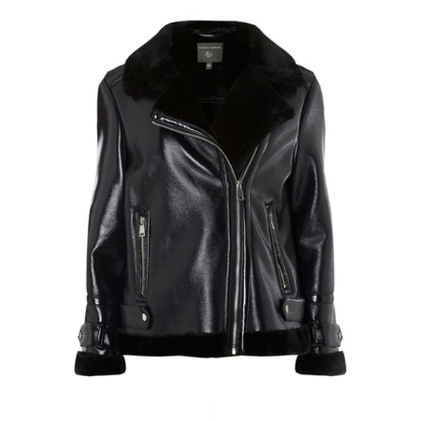 Navy Vinyl Shearling Biker Jacket