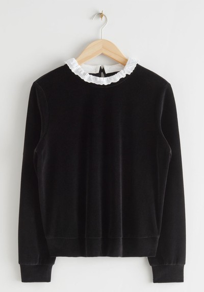 Embroidered Collar Velour Sweater