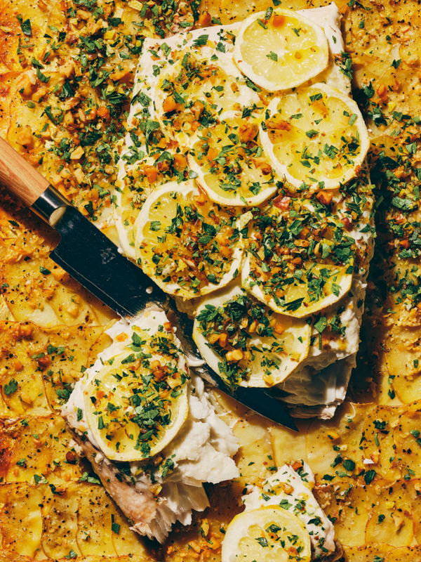 Flaky Fish With Shingled Potatoes & Walnut Gremolata 