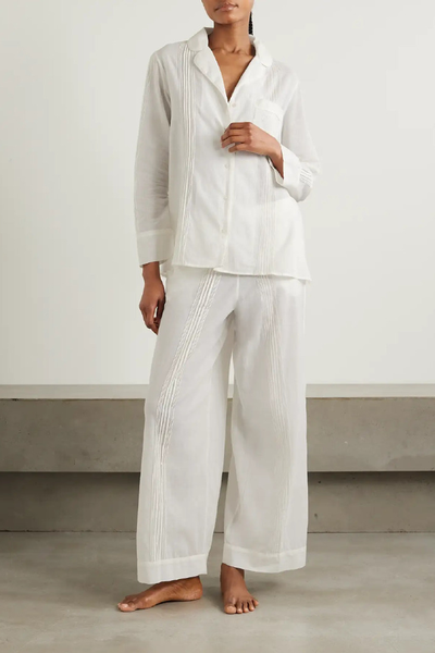 Albertine Pintucked Embroidered Cotton-Voile Pajama Set from Thierry Colson