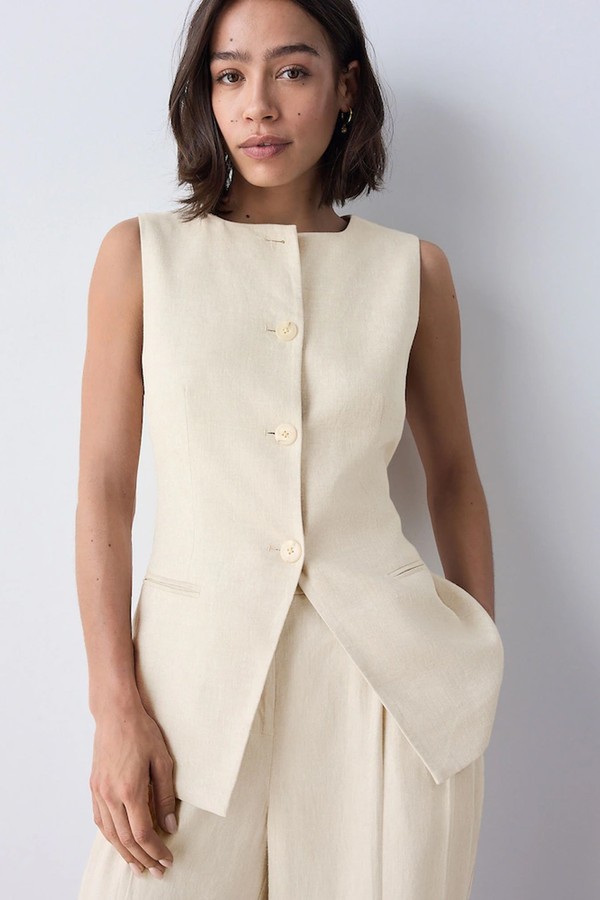 Natural Linen Rich Crew Neck Waistcoat from Next