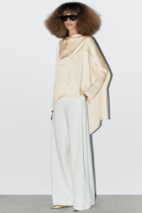 Flowing Satin Blouse With Wraparound Collar 