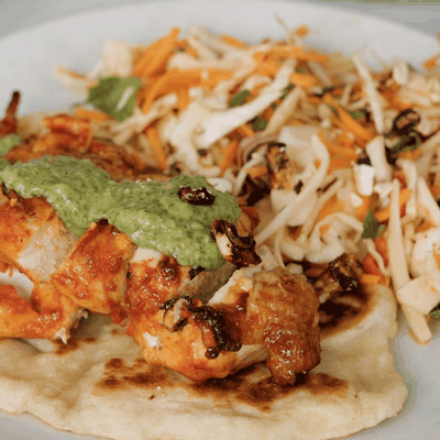 Sticky, Spicy Chicken Breast With Crunchy Summer Slaw, Homemade Flat Bread With Green Goddess Dressing
