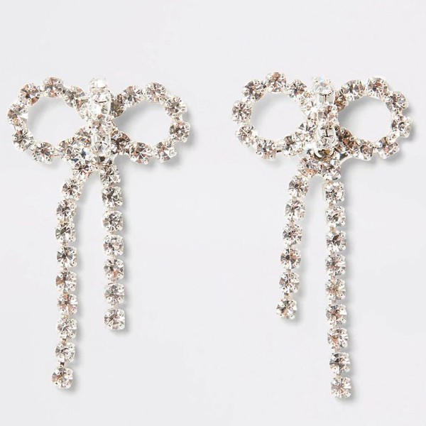 Silver Colour Diamante Bow Stud Earrings