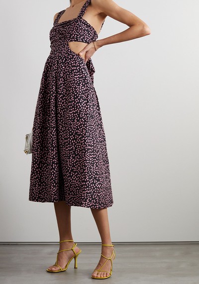 Cha Cha Tie-Back Cutout Pleated Printed Silk-Habotai Midi Dress from Rebecca Vallance