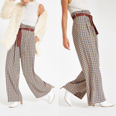Brown Printed Wide Leg Belted Trousers