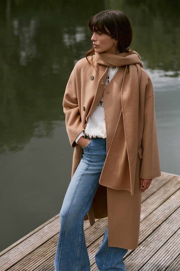 Wool Blend Scarf Detail Round Neck Coat from Mint Velvet