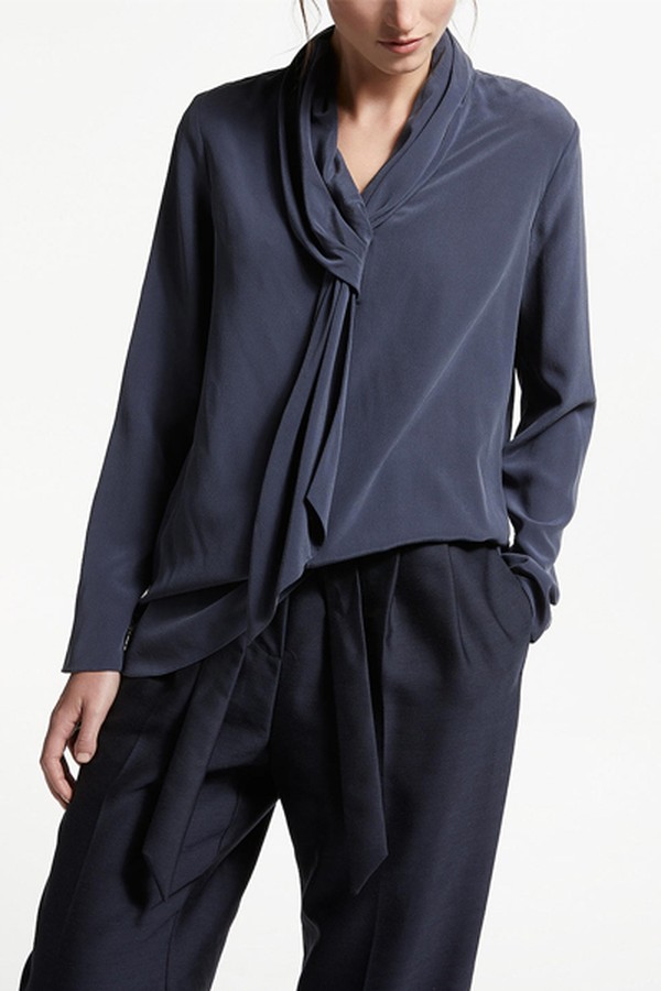 Tie Neck Silk Blouse, Blue Steel