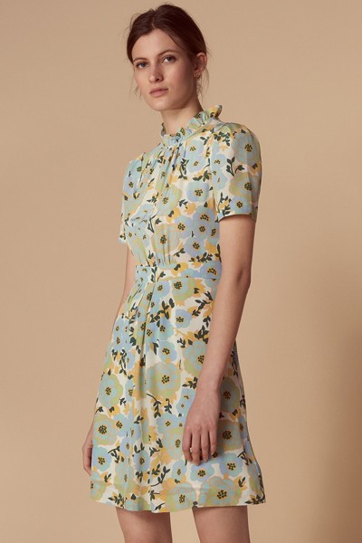 Short-Sleeve High-Neck Silk Dress