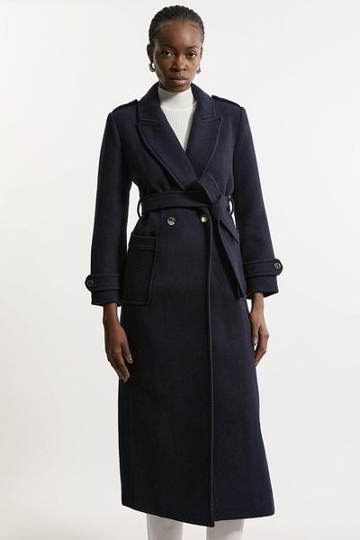 Tailored Wool Blend Belted Maxi Wrap Coat