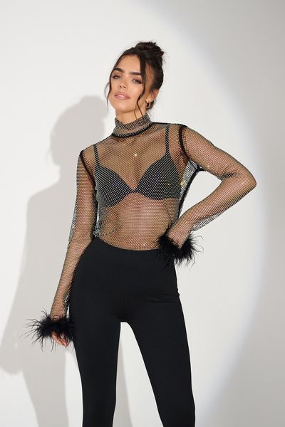 Praya Black Diamante Mesh Feather Top from Noughts & Kisses