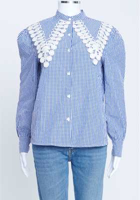 Blue Gingham Cotton Lace Collar Shirt from La Veste