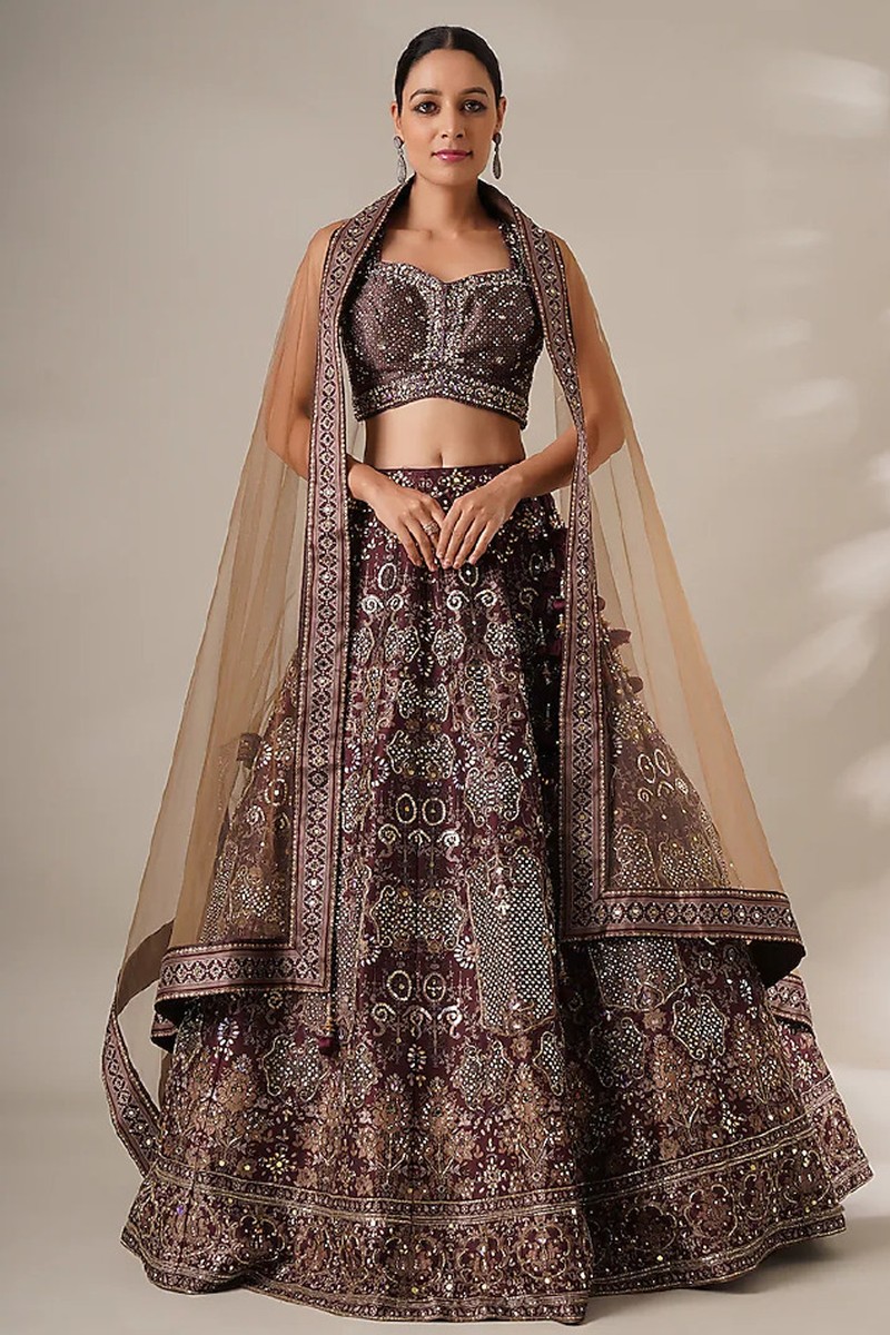 Wine Silk Printed & Sequins Embroidered Lehenga Set from Chaashni By Maansi & Ketan
