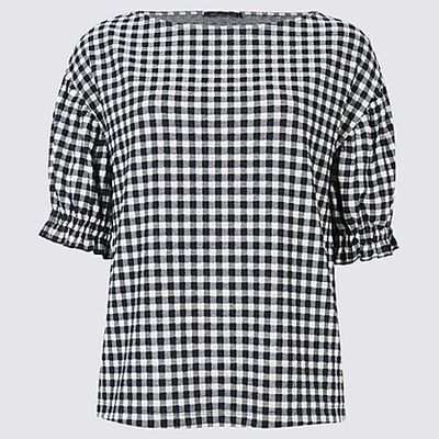 Gingham Ruched Sleeve Top
