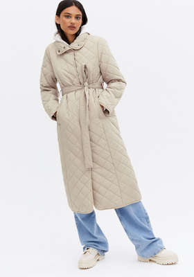 Quilted High Neck Belted Midi Coat