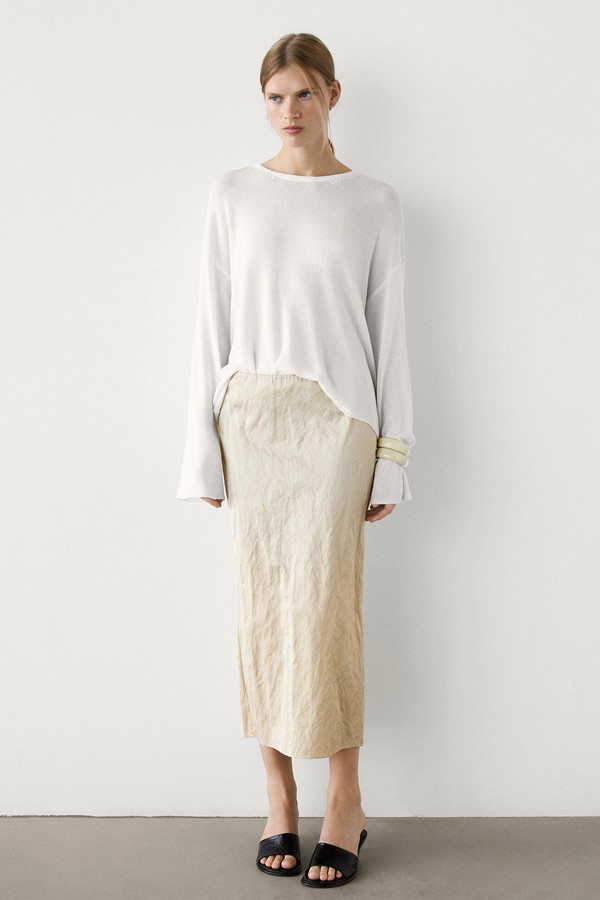 Cotton Satin Blend Midi Skirt 