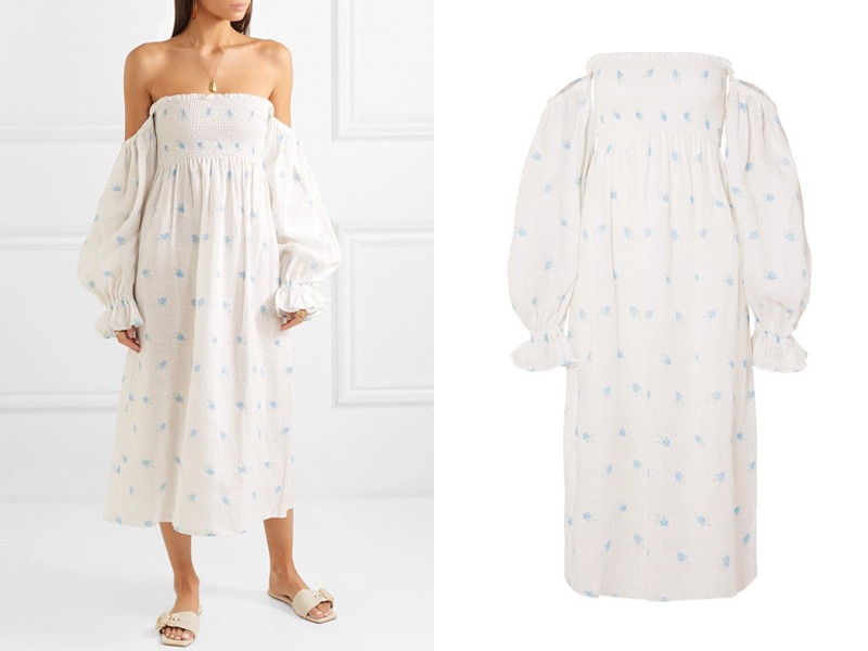 Atlanta Off-The-Shoulder Shirred Printed Linen Midi Dress from Sleeper