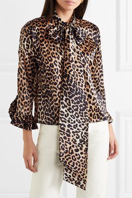 Ganni Calla Pussy Bow Leopard Print Silk Blend Satin Blouse, £290