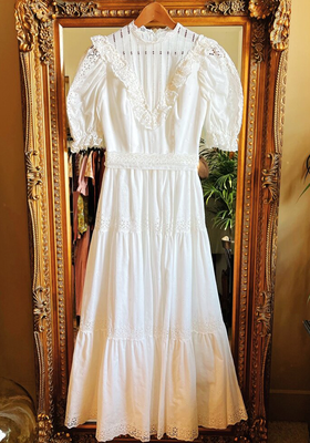 1970s White Broderie Anglaise Embroidered Puff Sleeve Prairie Dress 8-10