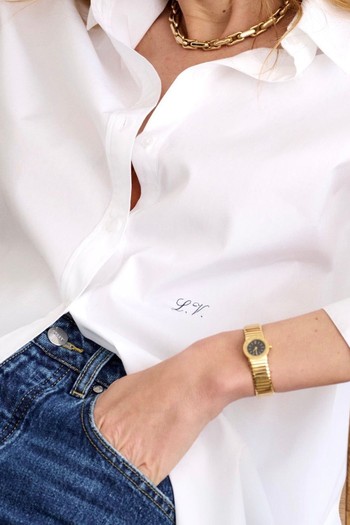 Monica White Cotton Poplin Boyfriend Shirt With Monogram from Sessei