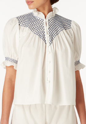 Milvia Ruffled High Neck Embroidered Shirt from Loretta Caponi