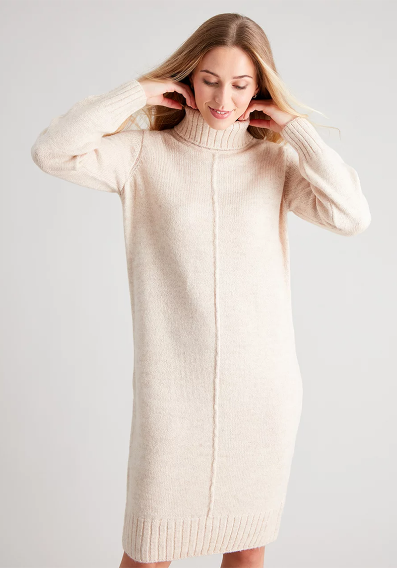 Oatmeal Roll Neck Jumper Dress With Wool