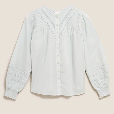 Pure Cotton Lace Insert Long Sleeve Blouse