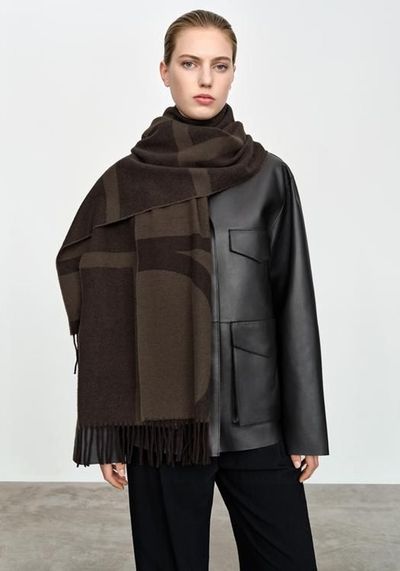 Monogram Jacquard Wool Scarf Dark Brown from Toteme