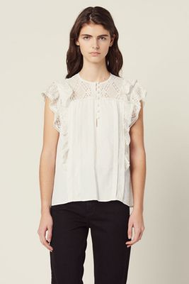 Short-Sleeved Crepe & Lace Top from Sandro
