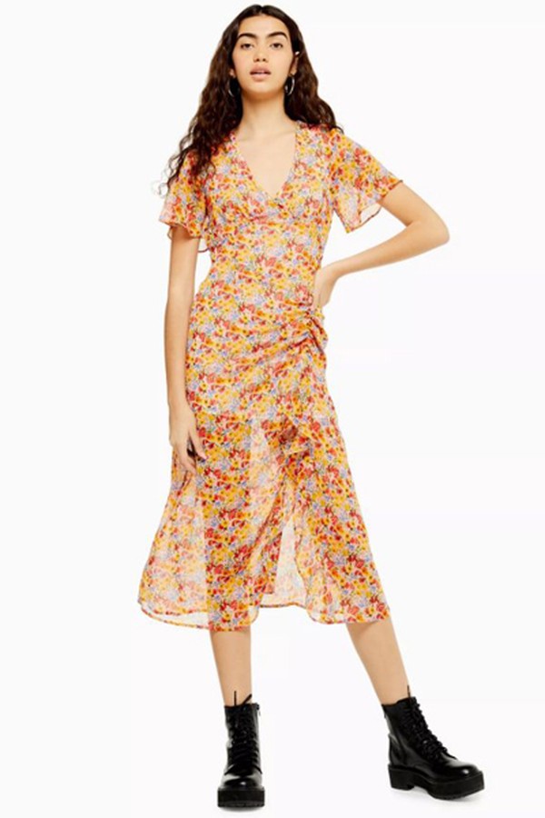 Pastel Floral Angel Sleeve Ruffle Dress from Topshop