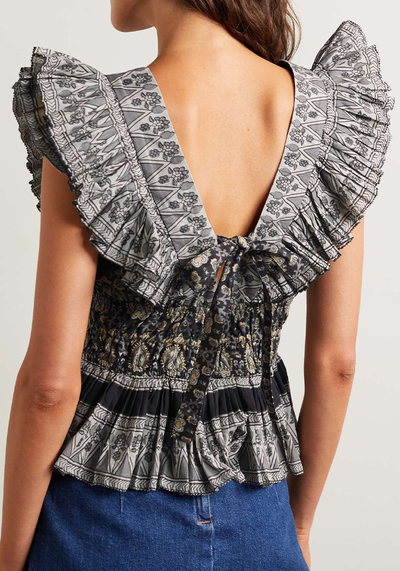 Tasha Ruffled Shirred Printed Cotton Voile Peplum Top