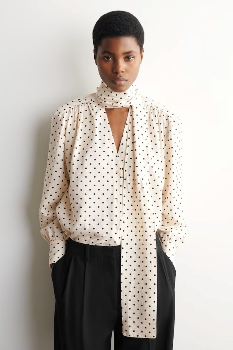 Scarf-Detail Polka-Dot Shirt