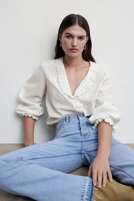 Embroidered Puff Sleeve Blouse from Mango