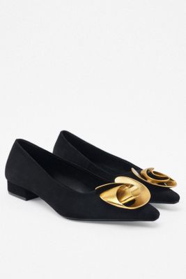 Suede Ballet Flats With Metal Flower from Zara
