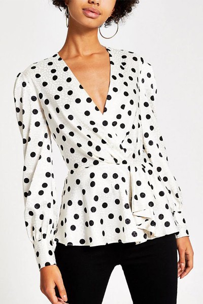 White Polka Dot Wrap Peplum Top