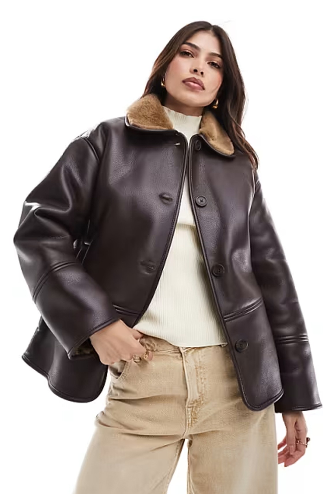 Faux Leather Coat With Contrast Shearling Collar from Pull&Bear