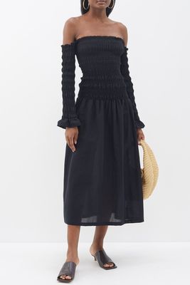 Smocked off The Shoulder Cotton Blend Crepe Dress from Rohe