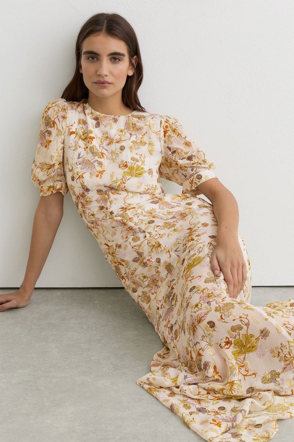 Naia Floral-Print Metallic-Thread Maxi Dress from Reiss