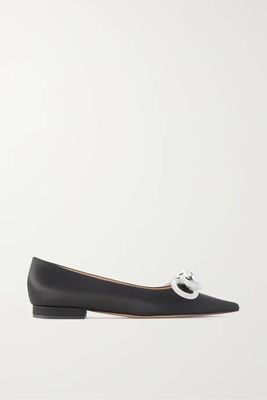 Double Bow Crystal-Embellished Satin Point-Toe Flats from Mach & Mach