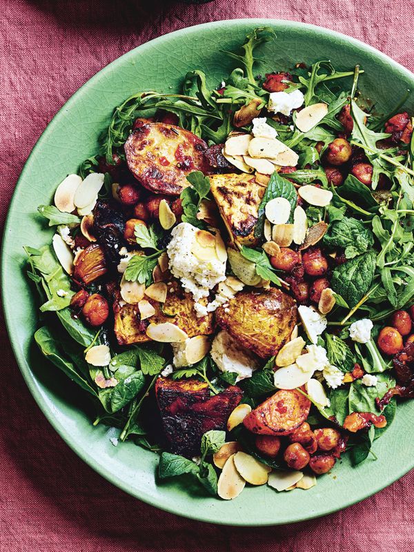 Harissa-Roasted Roots With Feta, Almonds & Chickpeas