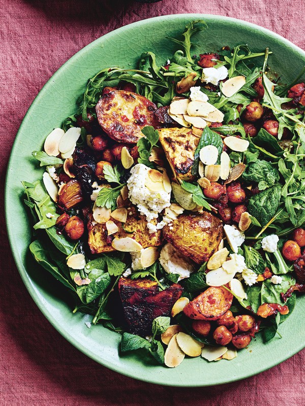 Harissa-Roasted Roots With Feta, Almonds & Chickpeas