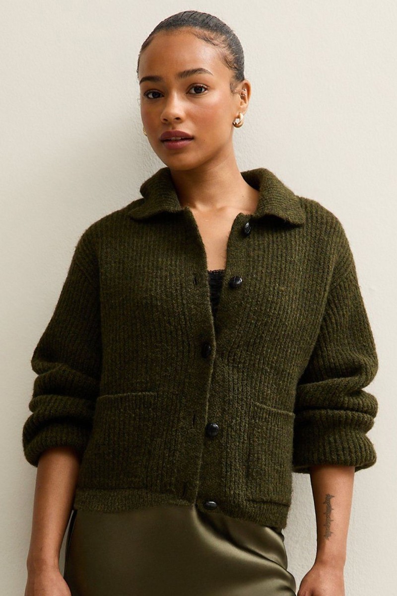 Ribbed Knit Collared Button Through Cardigan