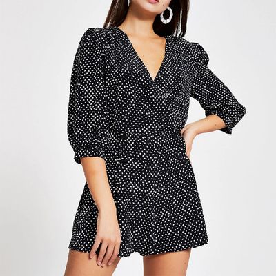 Black Print Wrap Playsuit