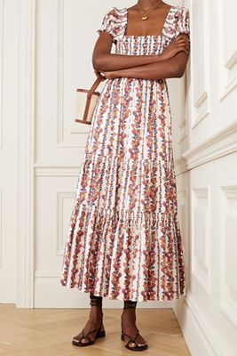 Smocked Floral-Print Cotton-Blend Midi Dress from Tory Burch