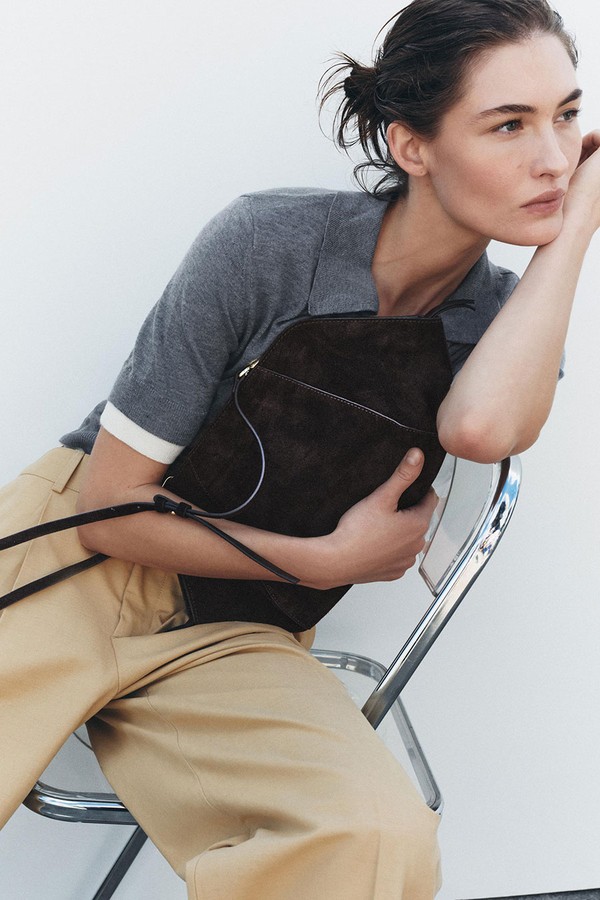 Topstitched Split Suede Clutch