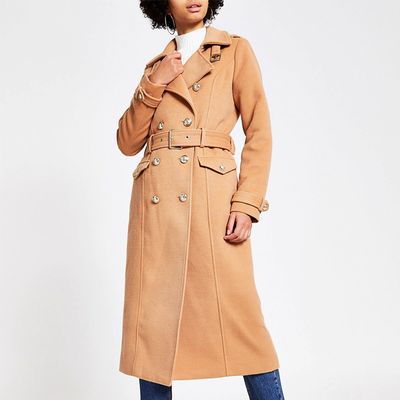 Beige Double Breasted Belted Trench Coat